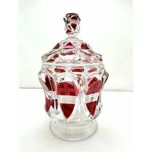 Vintage Kings Crown Ruby Stain Thumbprint Pressed Glass Candy Jar Dish